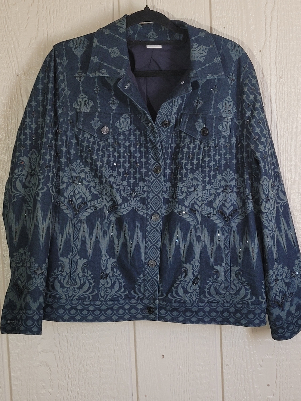 Chico's Navy Patterned Denim Jacket